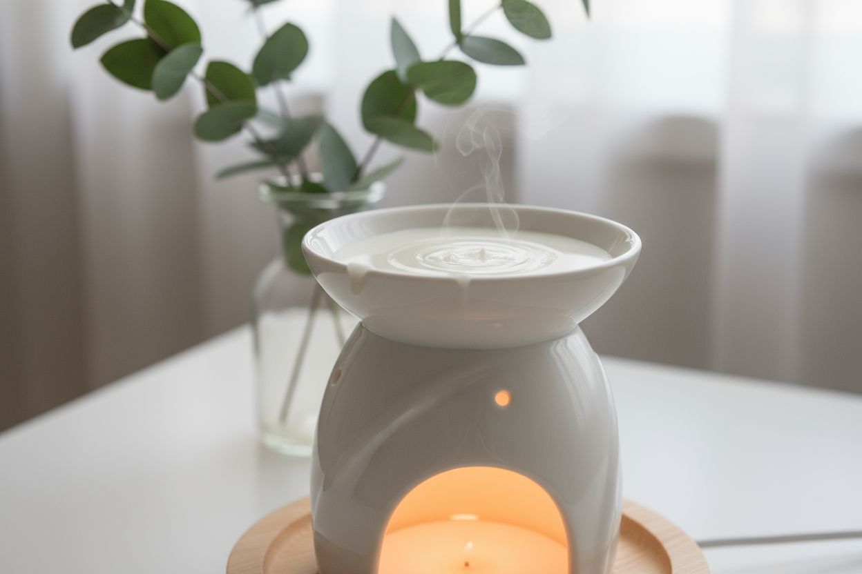 white melted wax in a warmer with eauclyptus in background