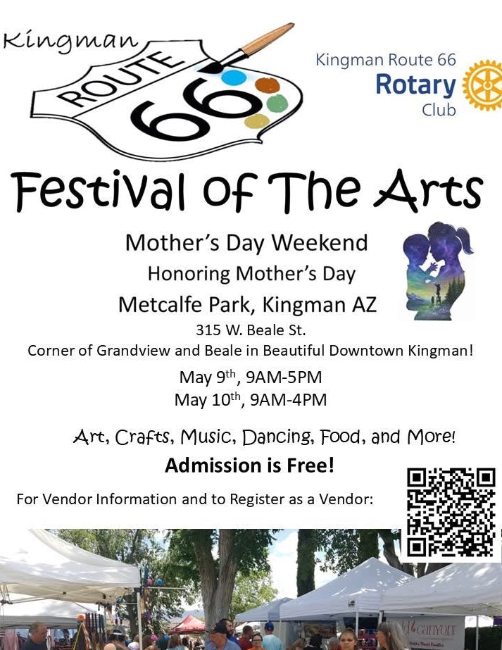 Festival of the Arts flyer for Kingman Route 66 with event details and QR code.